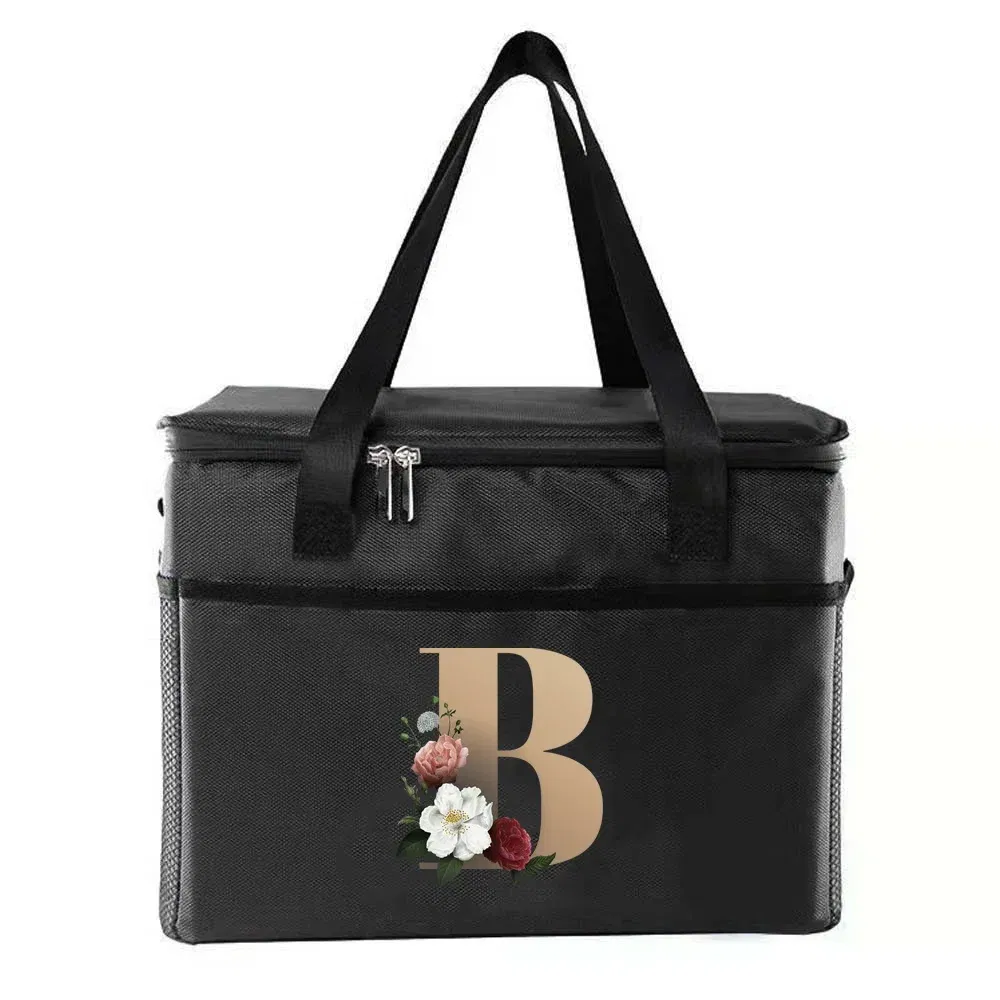 Color: Lavender - Thermal Bag Portable Lunch Bags Insulated Cooler Bag Food Bento Bags Printing Gold Letter Series Travel Picnic Storage Ice Bags