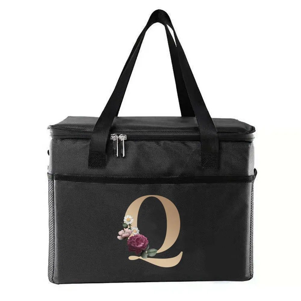 Color: Lavender - Thermal Bag Portable Lunch Bags Insulated Cooler Bag Food Bento Bags Printing Gold Letter Series Travel Picnic Storage Ice Bags