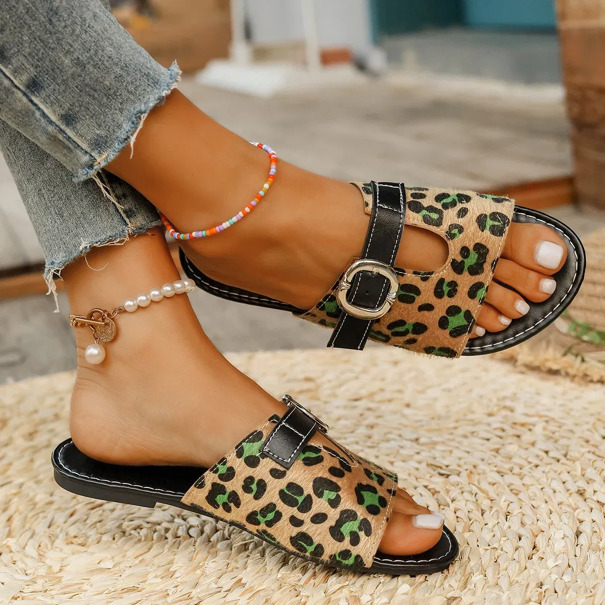 Color: multi, Shoe Size: 42 - Sandals Women Slippers 2024 Summer British Style Flat Slippers Slides Women Roman Buckle Casual Beach Slippers Trafza Womens