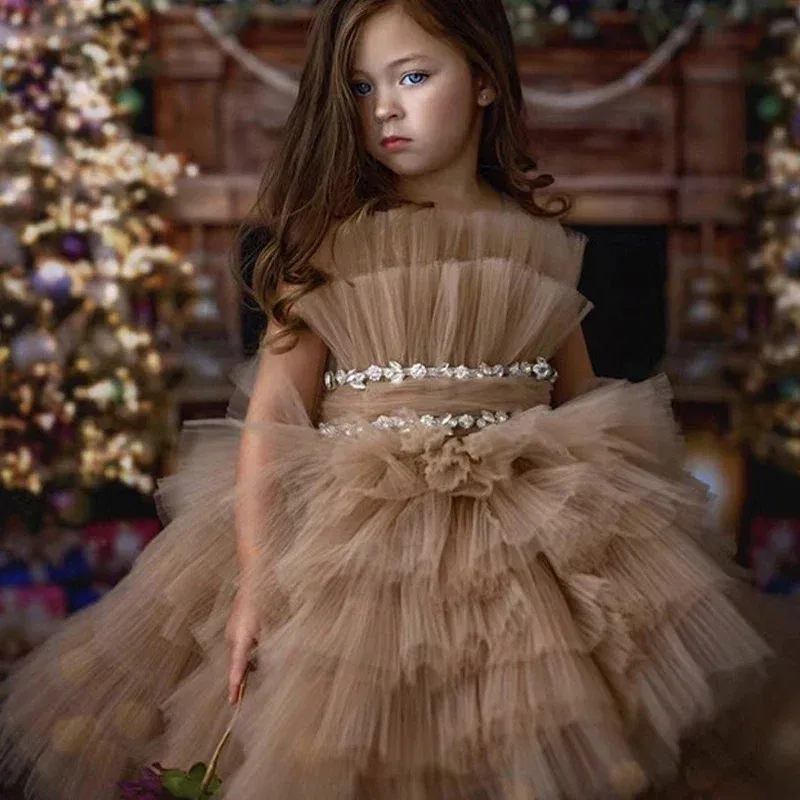Kid Size: 14, Color: Coffee - Baby Girls Princess Dress Sleeveless High Waist Children Mesh Tutu Dresses Girls Birthday Party Clothing Kids Wedding Dress New