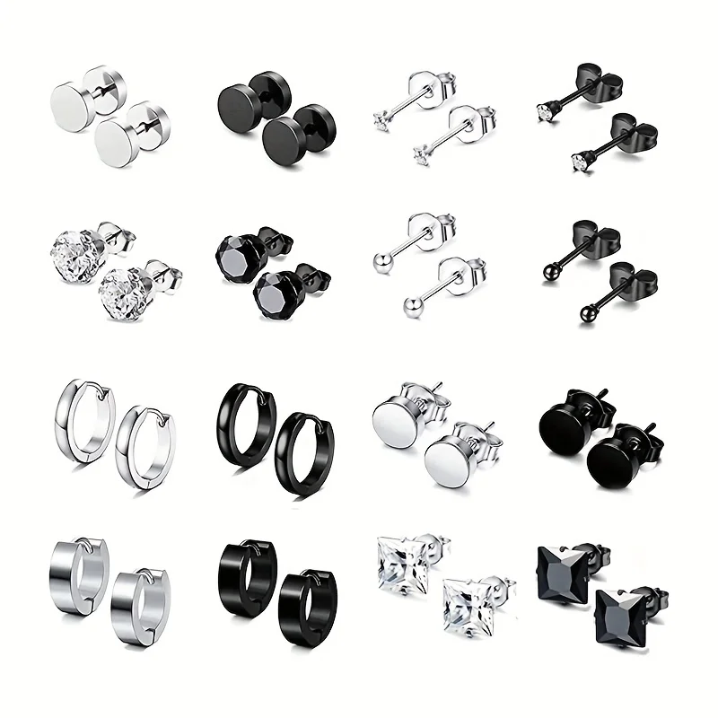 Metal Color: Light Yellow Color - 16pairs Stainless Steel Earrings For Men, CZ Black & Silvery Earrings Huggie Hoop Jewelry Earrings Set