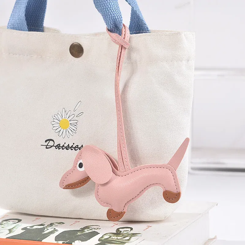 Color: Pink - Classic Cute Puppy Dog Bag Pendant Key chain Fashion PU Leather Dachshund key Ring Accessories