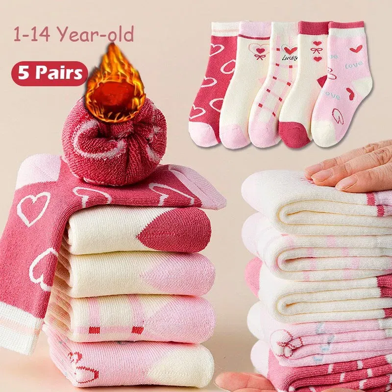 Color: Gold, Size: 7-9T - Girls Winter Socks 5 Pairs Baby Cute Color Princess Pink Thick Cotton Socks Children Warm Winter Socks