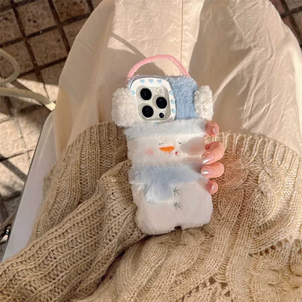 Color: Beige, Material: tpu - Cute Cartoon Furry Snowman Case for iPhone 16 15 14 Pro Max 12 13 11 16Pro Plush Winter Warm Love Heart Soft Shockproof Cover