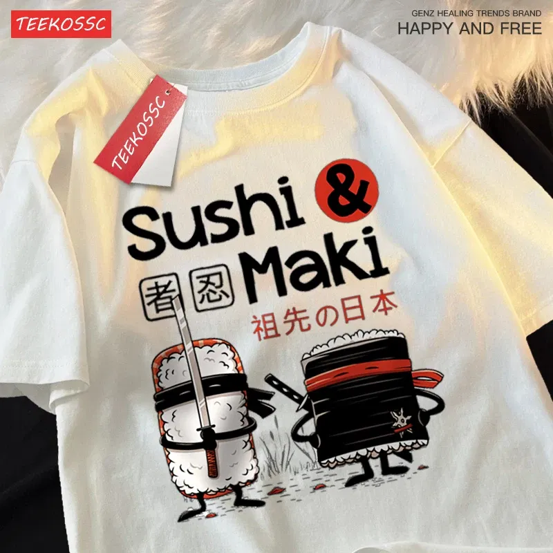 Color: GRAY, Size: XXXL - Theduc Sushi And Sushi Printing Men Women Tshirt Cotton T-Shirts Loose T Shirt Crewneck Loose Tops Fashion Clothes Unisex