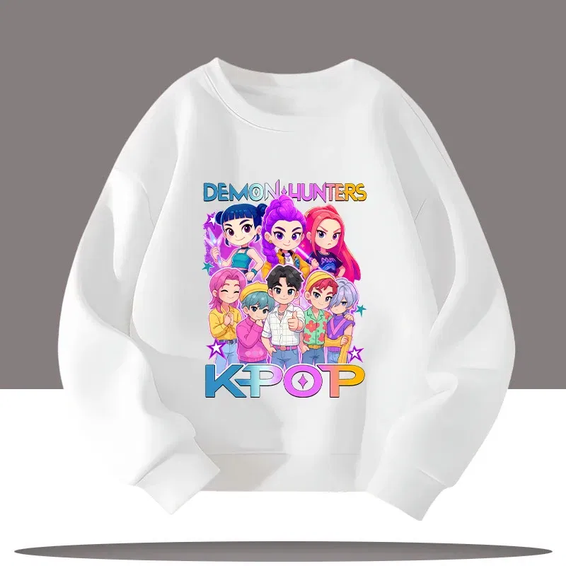 Color: GRAY, Kid Size: 7 - K-pop Demon Hunters Cartoon Print 3-12 Year Old New Style Kids Round-neck Sport Shirt Cute Girl Casual Top Children's Clothing