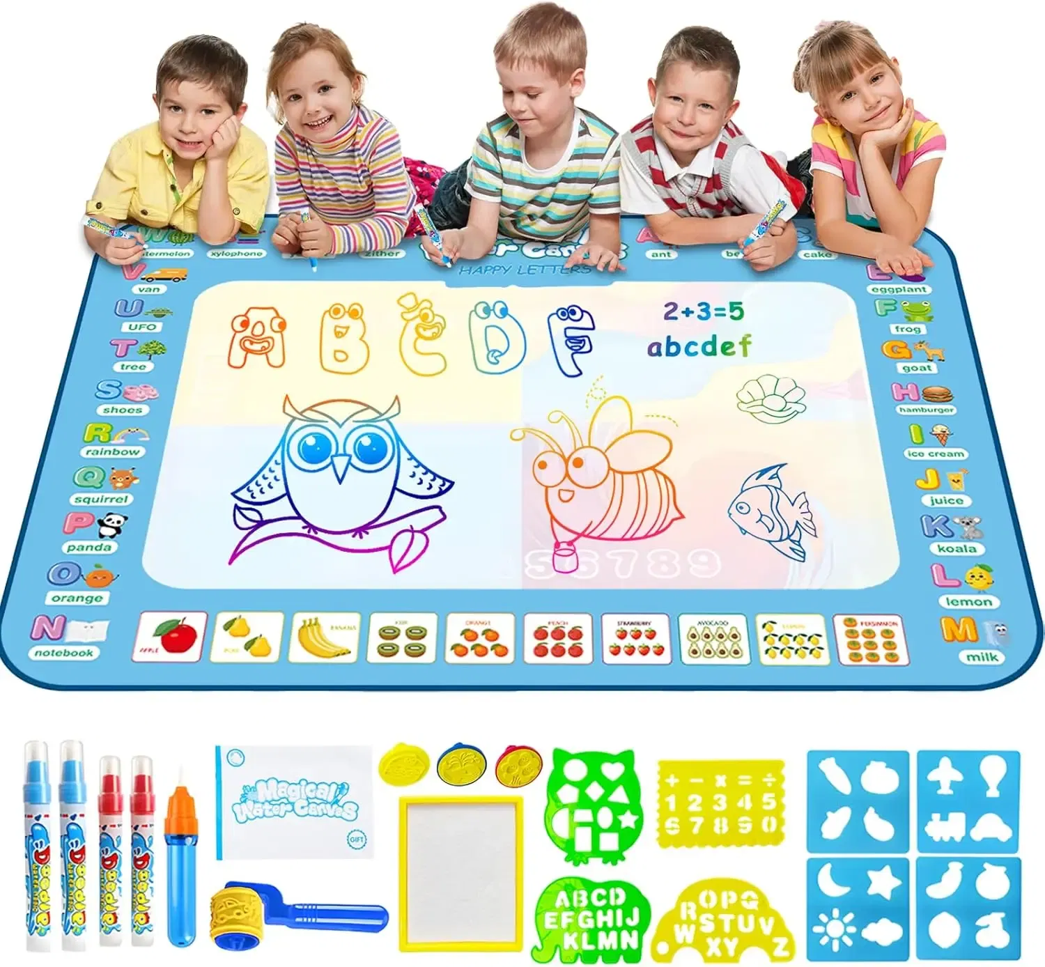 Color: PURPLE - Magic Water Drawing Mat Coloring Doodle Mat with Reusable Magic Pens Montessori Toys Painting Board Educational Toys for Kids