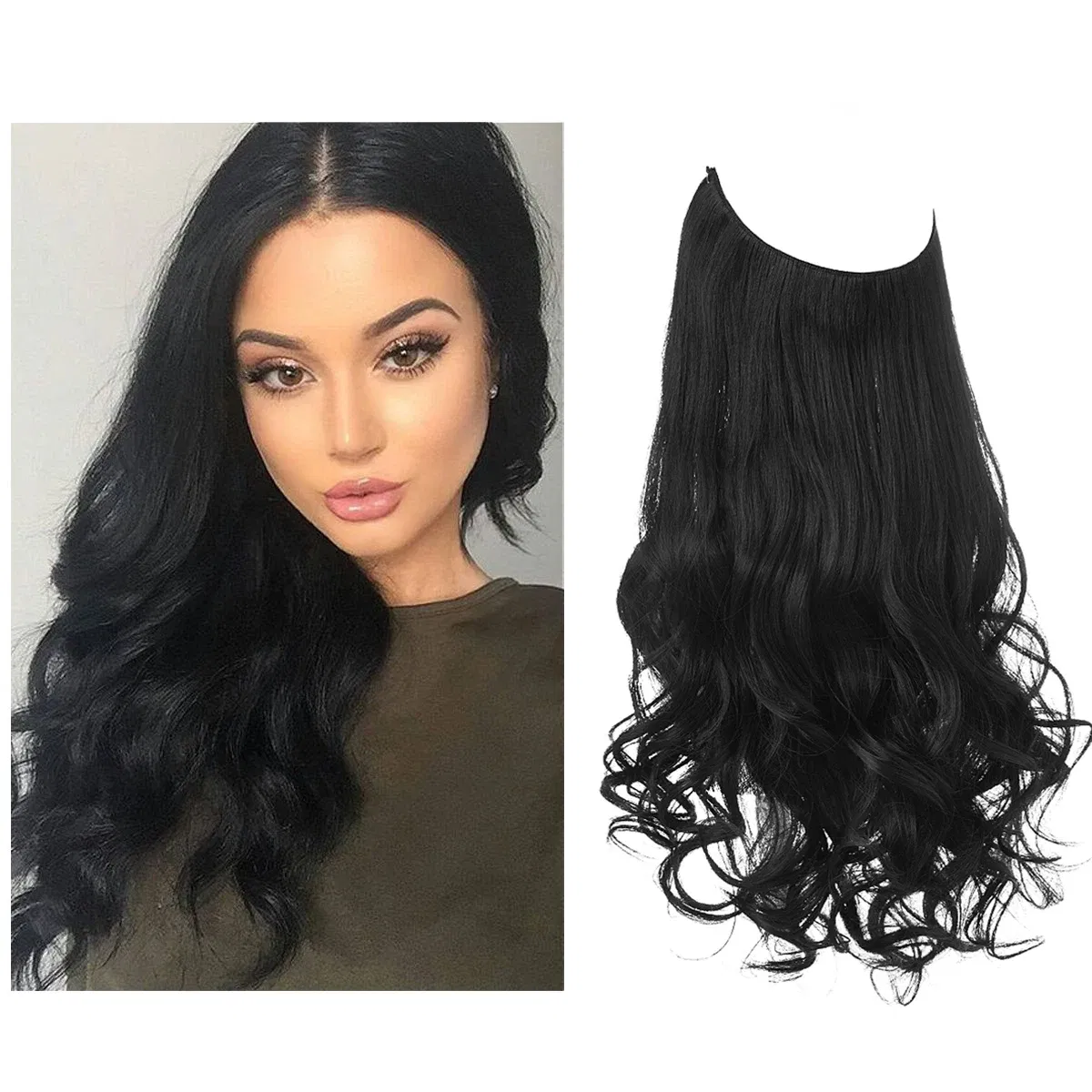Color: T1B/613, Stretched Length: 16inches - Synthetic No Clip Wave Hair Extensions Ombre Natural Black Blonde Pink One Piece False Hairpiece Fish Line Fake Hair Piece