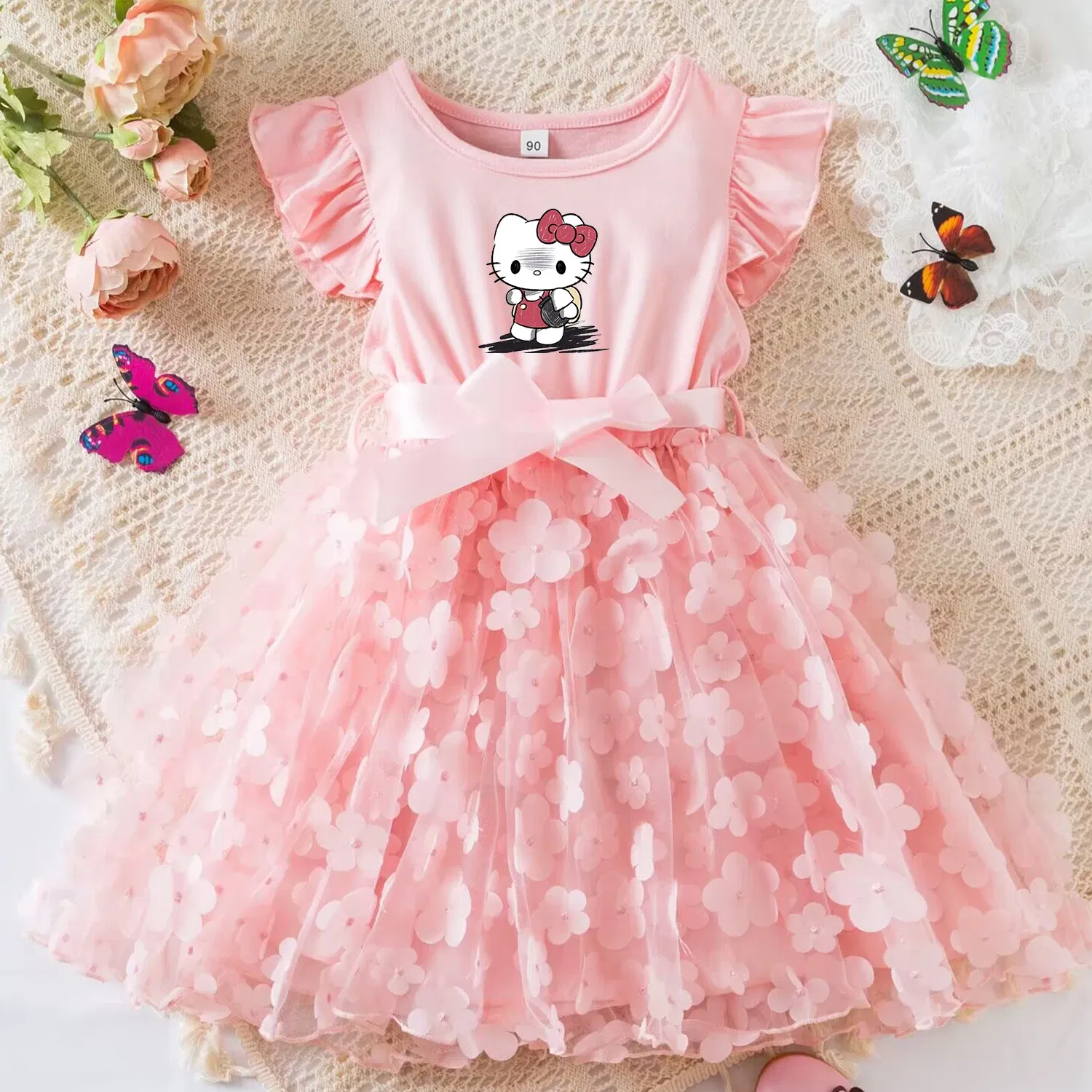 Color: Brown, Size: M - Hello Kitty Summer Dress for Kid's Casual Clothes 3D Butterfly Cute Baby Girls Princess Dress Party Dresses 2-6 Yrs