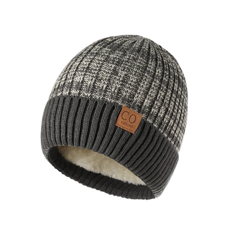Color: Dark Grey, Size: XS - New Unisex Two-Tone Winter Hats Add Fur Lined Men And Women Fashion Warm Beanie Cap Casual Winter Knitted Hats