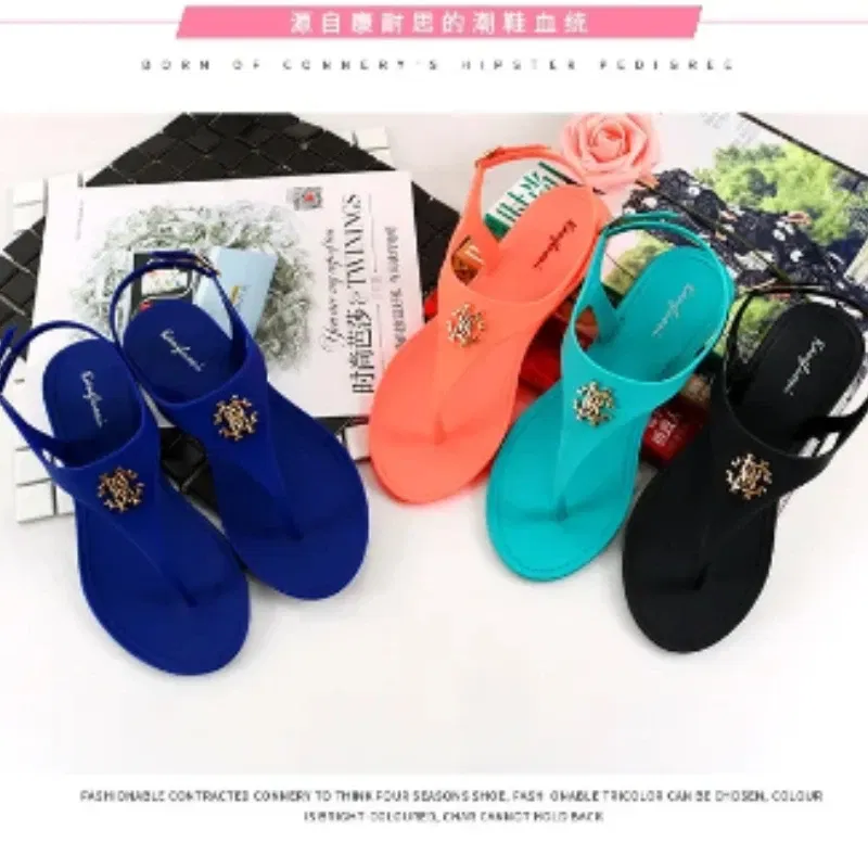 Color: Blue, Shoe Size: 36 - 2023 New Summer Women's Sandals Fashion Open Toe Jelly Flip Flops Non-slip Buckle Flat Sandals All-match Women's Sandals
