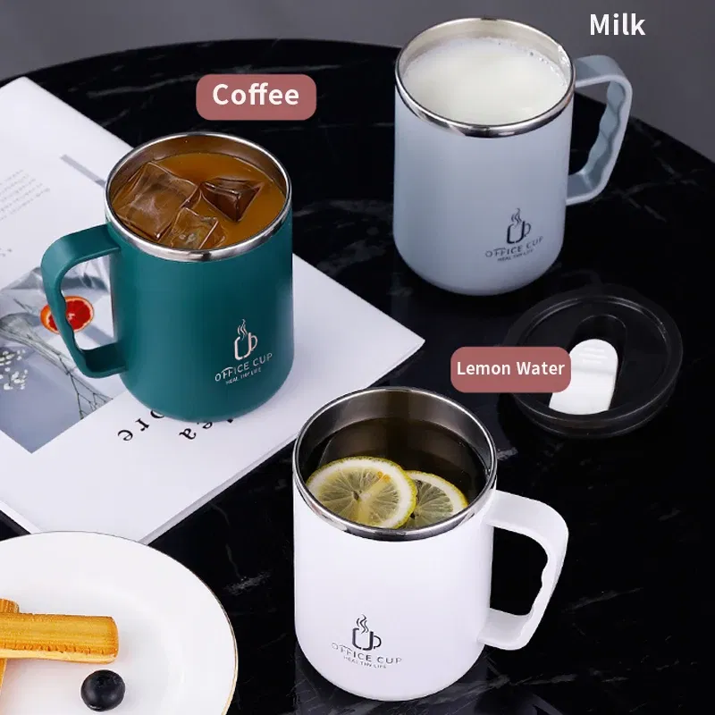 Color: green, Capacity: 401-500ml - 500ml/17oz 304 Stainless Steel Water Bottle Double Layers Coffee Mug Milk Cup With Plastic Lid And Handle