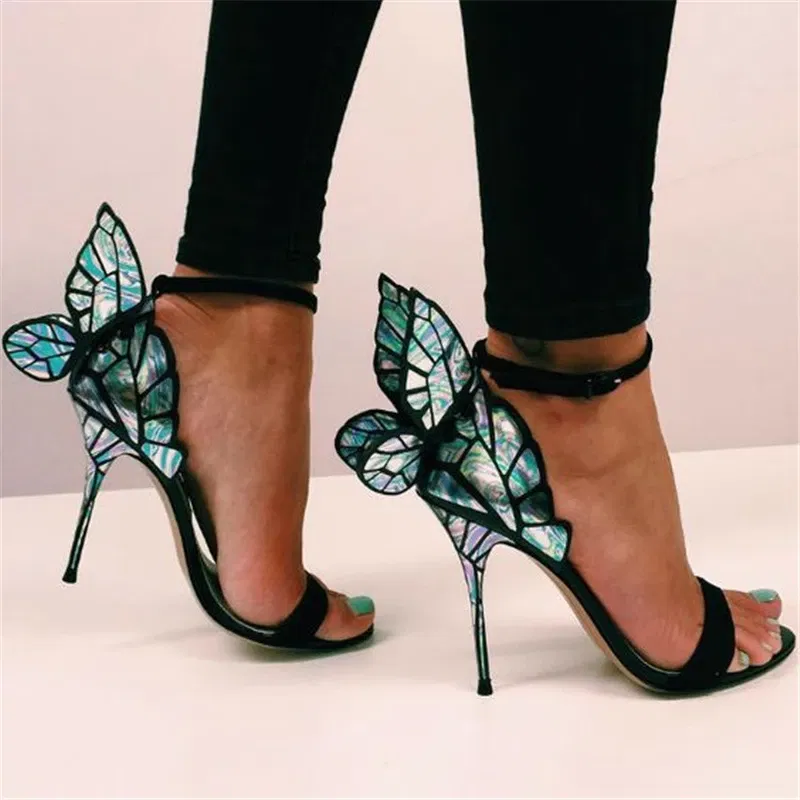 Color: Gold, Shoe Size: 7.5 - Women Summer Sandals Fashion Embroidered Satin Butterfly High Heeled Footwear Adjustable Ankle Strap Shoes Women high heels