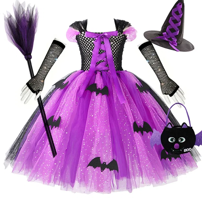 Color: Blue, Kid Size: 4T - Halloween Witch Tutu Dress for Girls Handmade Mesh Bat Wizard Cosplay Costumes with Hat Broom Toddler Evil Party Clothes Set