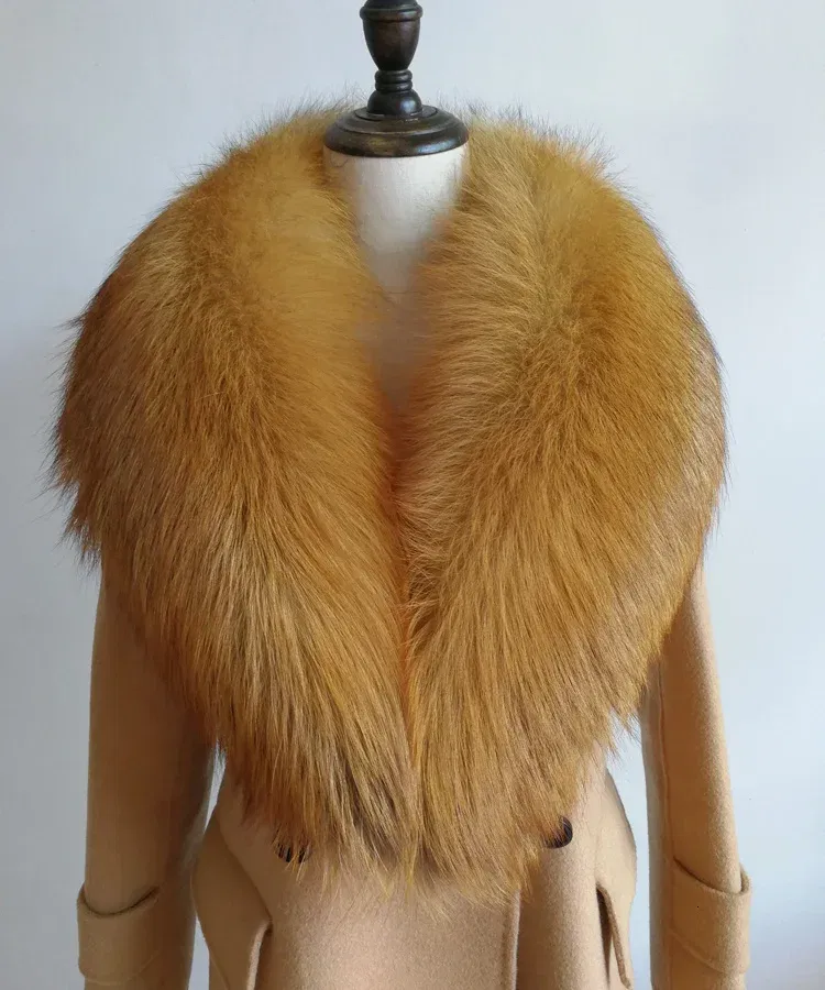 Color: Yellow, Size: S - Winter Real Fox Fur Collar Woman Furry Natural Raccoon Fur Scarf Shawls Luxury Neck Warmer Wraps For Coat Fur Scarves Large Size