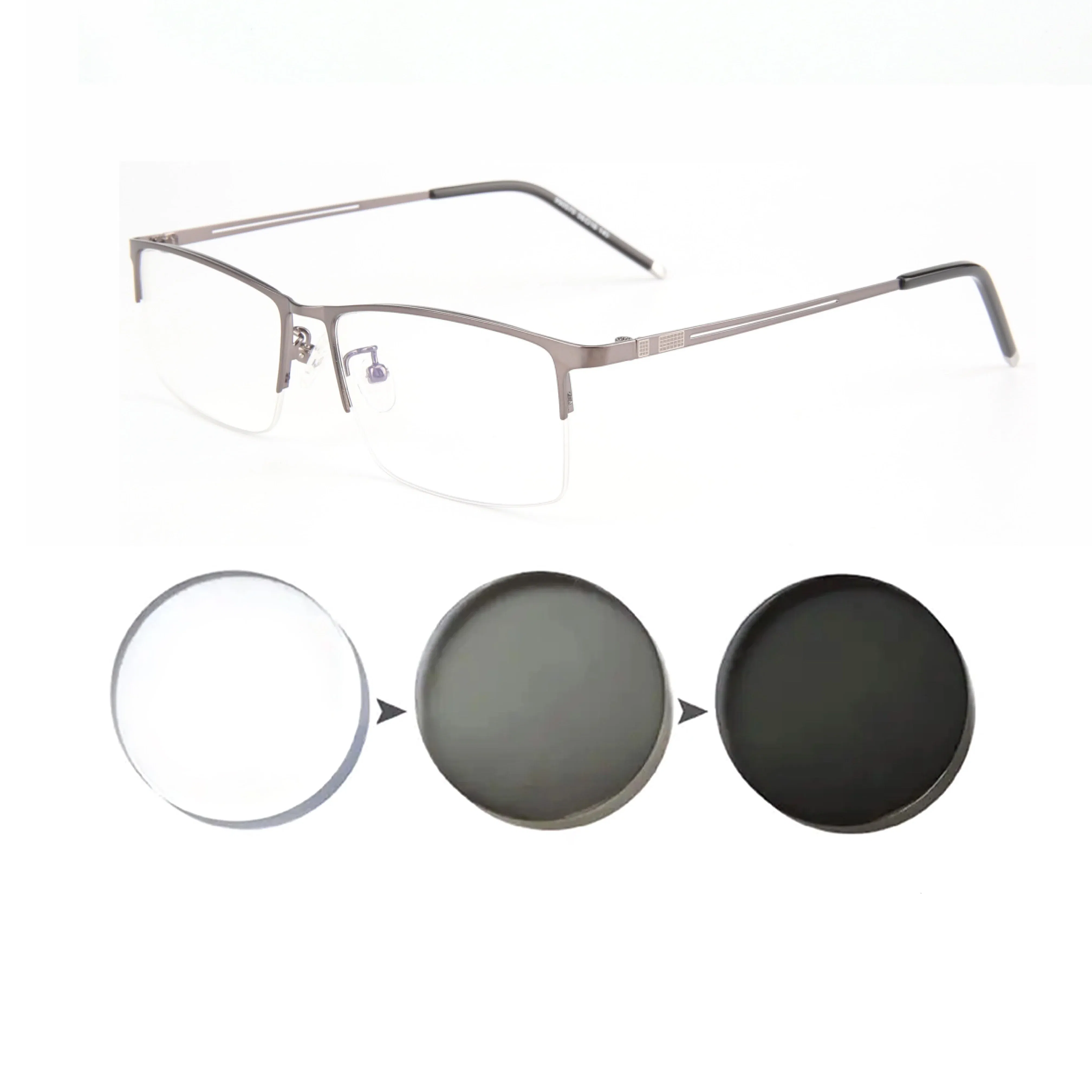 Frame Color: green, Eye Prescription: +100 - Sun Photochromic Finished Myopia Glasses Women Men Metal Half Frame Chameleon Short-sight Eyewear0 -0.5 -0.75 -1.0 To -6.0