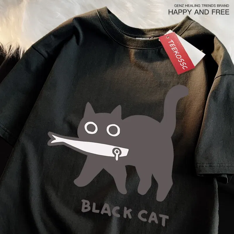 Color: Dark Grey, Size: XXL - Fun A Black Cat Eating Fish Japanese Style Men Women T-Shirt Fashion Print T Shirt Breathable Oversize T-Shirts Cotton Clothes
