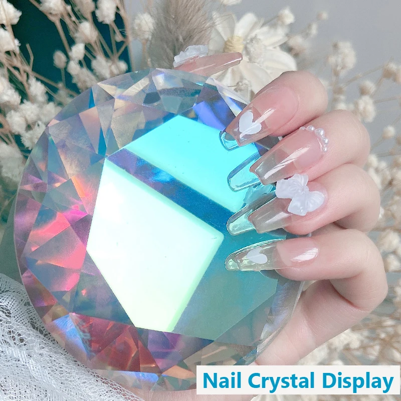 Color: Light Grey - Nail Art Display 80mm Transparent Holographic Glass Crystal Diamond Hand Model Shoot Ornament Jewelry Salon Manicure Tool
