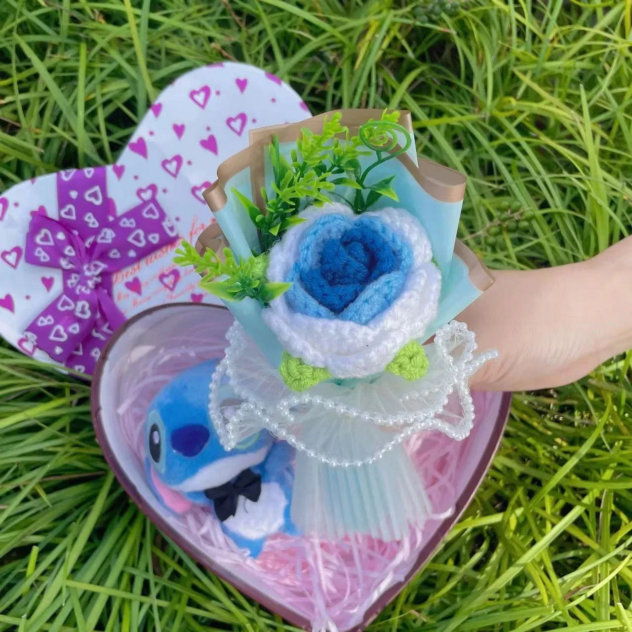 Color: Lake Blue - Disney Cartoon Lilo Stitch Plush Doll Toys Rose Bouquet Gift Box Stitch Flower Bouquet Home Decoration Valentine Christmas Gifts