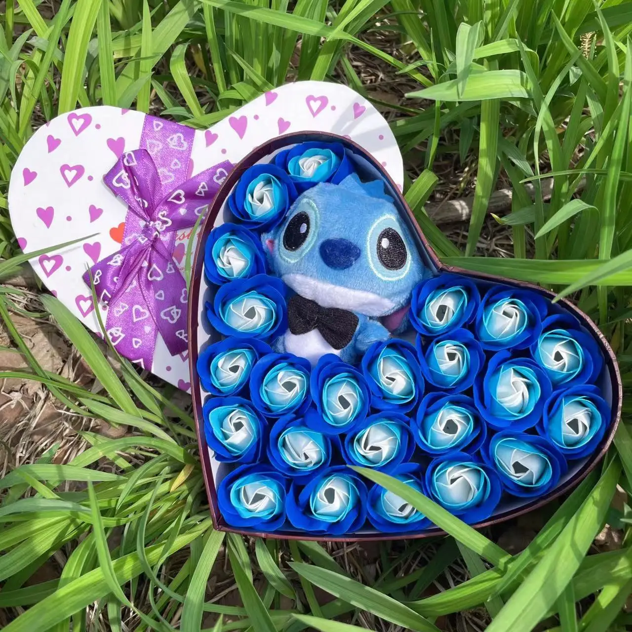 Color: Lake Blue - Disney Cartoon Lilo Stitch Plush Doll Toys Rose Bouquet Gift Box Stitch Flower Bouquet Home Decoration Valentine Christmas Gifts