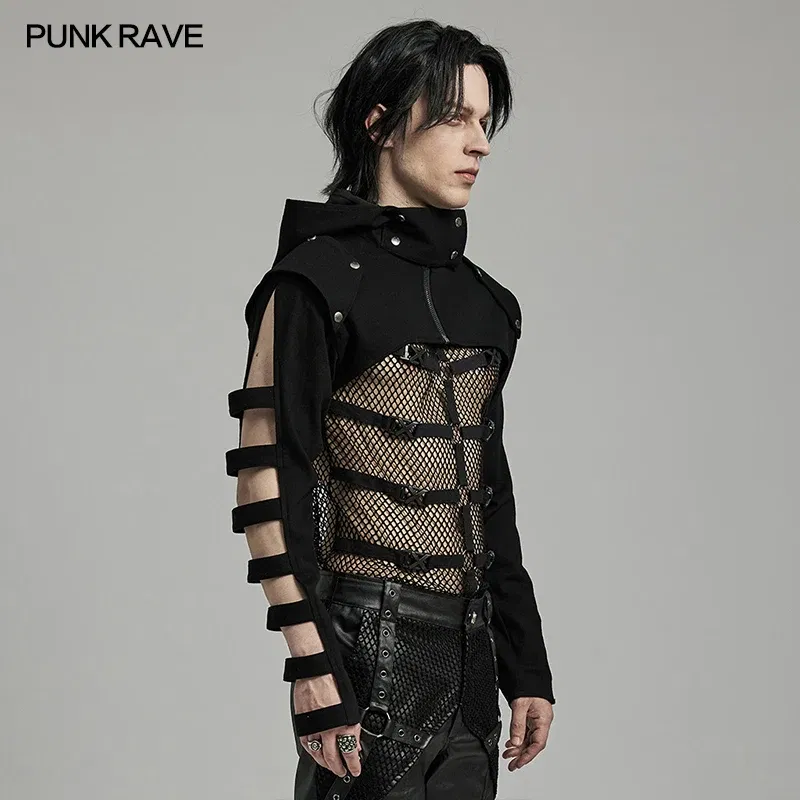 Color: black, Size: XXXL - PUNK RAVE Men's Punk Sleeves Are Hollow Loop Straps Short Coat Handsome Cool Stand Up Collar Casual Mens Jacket Autumn