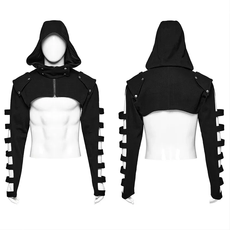Color: black, Size: XXXL - PUNK RAVE Men's Punk Sleeves Are Hollow Loop Straps Short Coat Handsome Cool Stand Up Collar Casual Mens Jacket Autumn