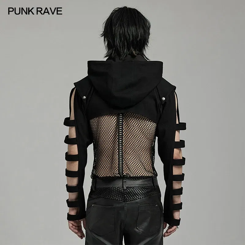 Color: black, Size: XXXL - PUNK RAVE Men's Punk Sleeves Are Hollow Loop Straps Short Coat Handsome Cool Stand Up Collar Casual Mens Jacket Autumn