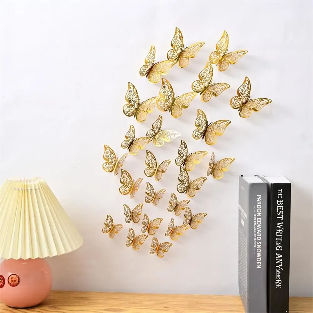 Color: DARK GRAY - 12 Pieces 3D Hollow Butterfly Wall Sticker Bedroom Living Room Home Decoration Paper Butterfly
