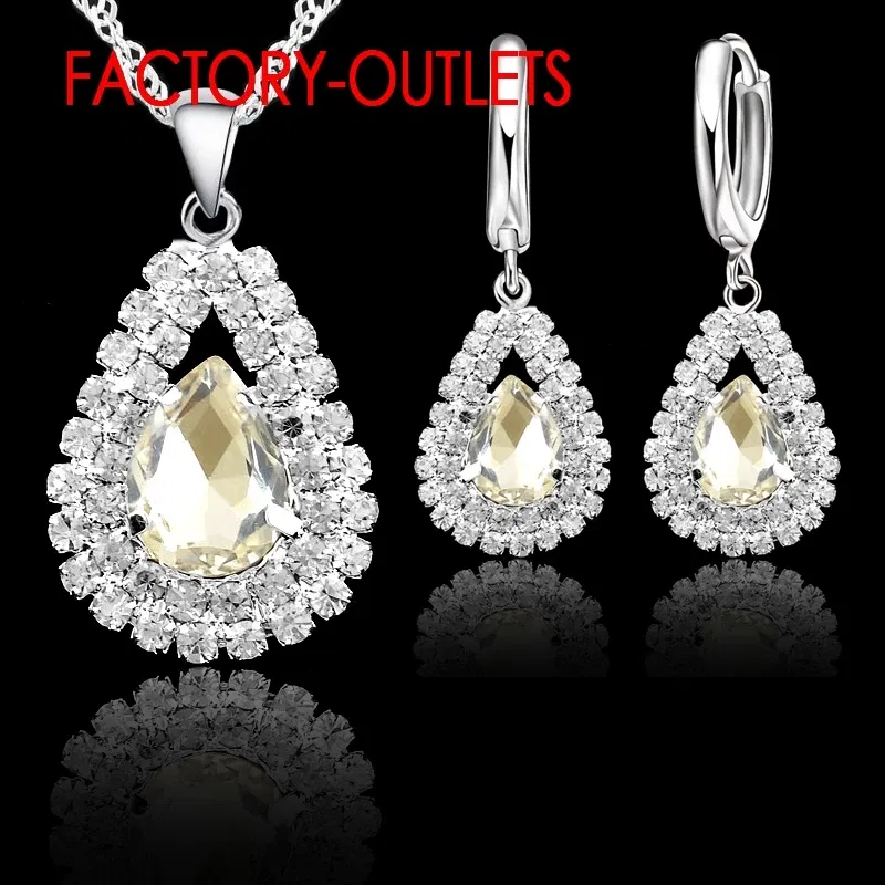 Metal color: Antique Bronze Plated - Hot Sale 925 Silver Needle Bridal Jewelry Sets Austrian Crystal Water Drop Necklaces Hoop Earrings Women Party Engagement
