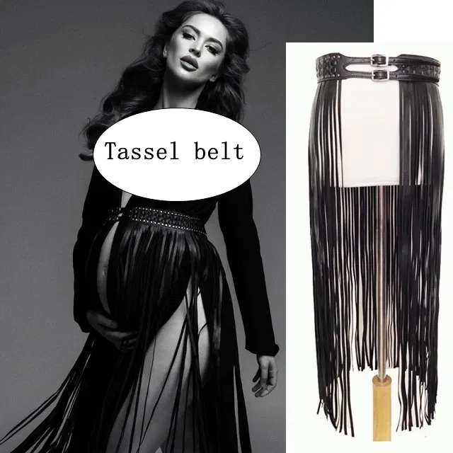 Color: WHITE, Maternity Size: XL - Black Women's Suit Pregnancy Photoshoot Clothes Chic Outerwear Long Tassel Buckle Waist Belt Blazer Maternity Photography Outfit