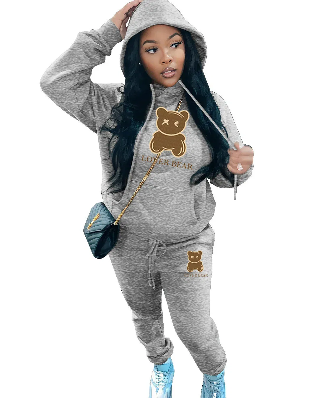Color: Light Grey, Size: XL - 2 Piece Set Women Outfit Letter Bear Print Hooded Neck Hoodies Sweatshirt Pants Tracksuit 2024 Plus Size Streetwear Casual Suit