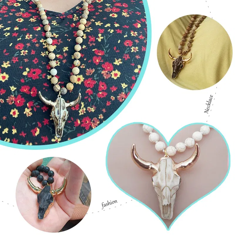 Metal Color: cobalt violet, Length: 90cm - Fashion Bohemian Jewelry Long Knotted Stone Beads 3 Color Horn Pendant Necklace For Women Ethnic Necklace