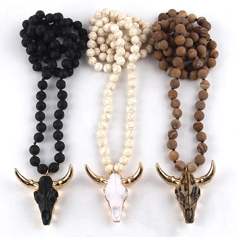 Metal Color: cobalt violet, Length: 90cm - Fashion Bohemian Jewelry Long Knotted Stone Beads 3 Color Horn Pendant Necklace For Women Ethnic Necklace