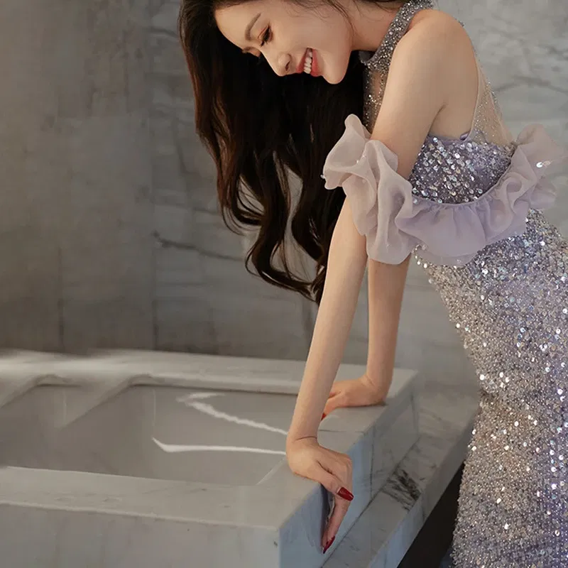 Color: Beige, Size: M - High-End Neck Evening Dress New Entry Luxury Niche Banquet Elegant Usually Wearing Sequin Fishtail Dress Princess Sleeve Women's