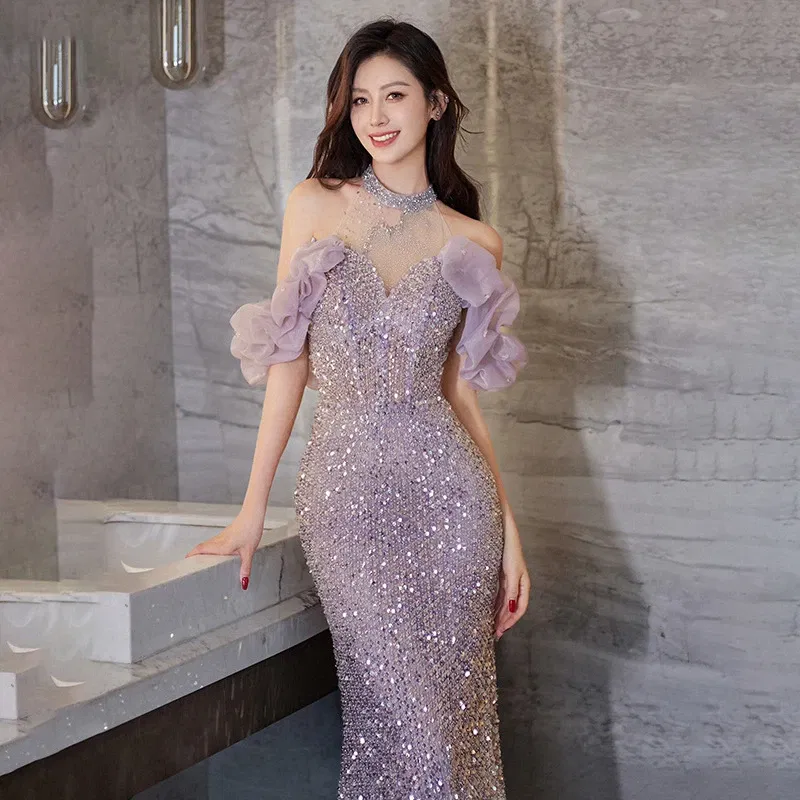 Color: Beige, Size: M - High-End Neck Evening Dress New Entry Luxury Niche Banquet Elegant Usually Wearing Sequin Fishtail Dress Princess Sleeve Women's