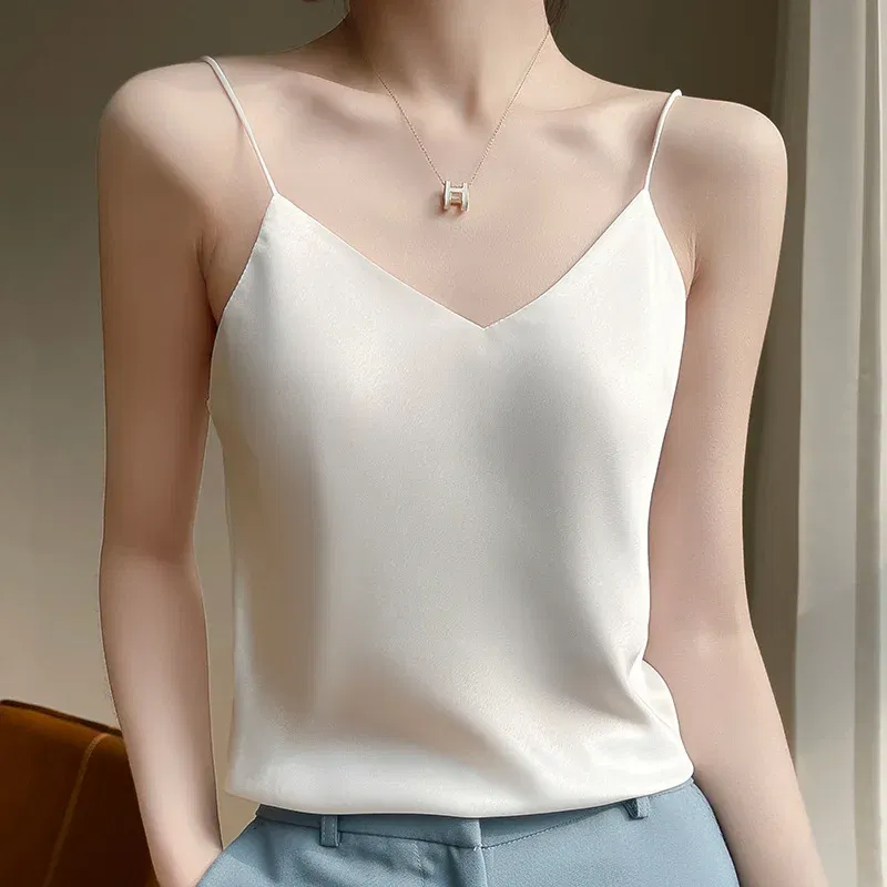 Color: Champagne, Size: XXXL - Fashion Silky Camisole Women's Inner With White Bottoming Satin Top Summer V-neck Thin Section