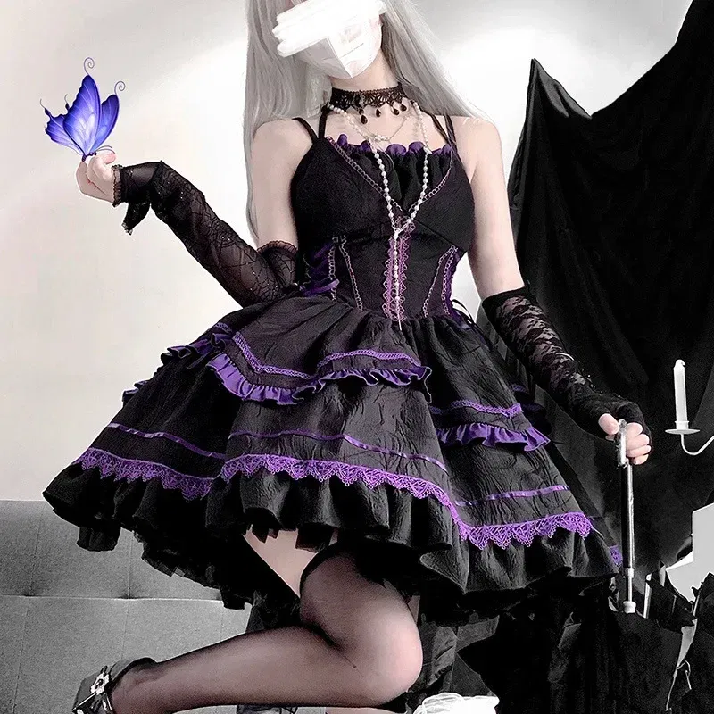 Color: black, Size: M - Japanese Harajuku Gothic Sling Dress for Girl, Black Purple Bow Bandage Stitching, Lolita Temperament, Kawaii Sweet Fashion, New
