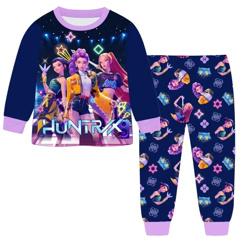 Color: black, Size: 10cm - 2pcs Movie K-pops Demons Hunters Kawaii Pajamas Set Girl Cosplay Nightwears Anime Long Sleeve tops+Pants Fans Halloween Gift