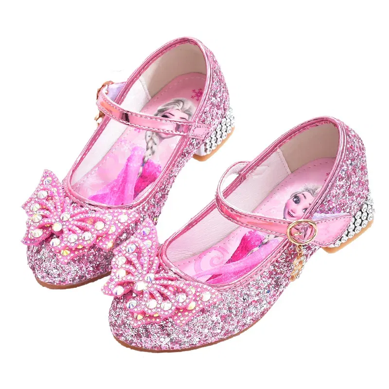 Color: Lavender, Shoe Size: 31 - Disney Princess Elsa Leather Shoes Girls' High Heels Shoes Fashion Girls' Crystal Shiny Children's Blue Pink Shoes Size 26-35