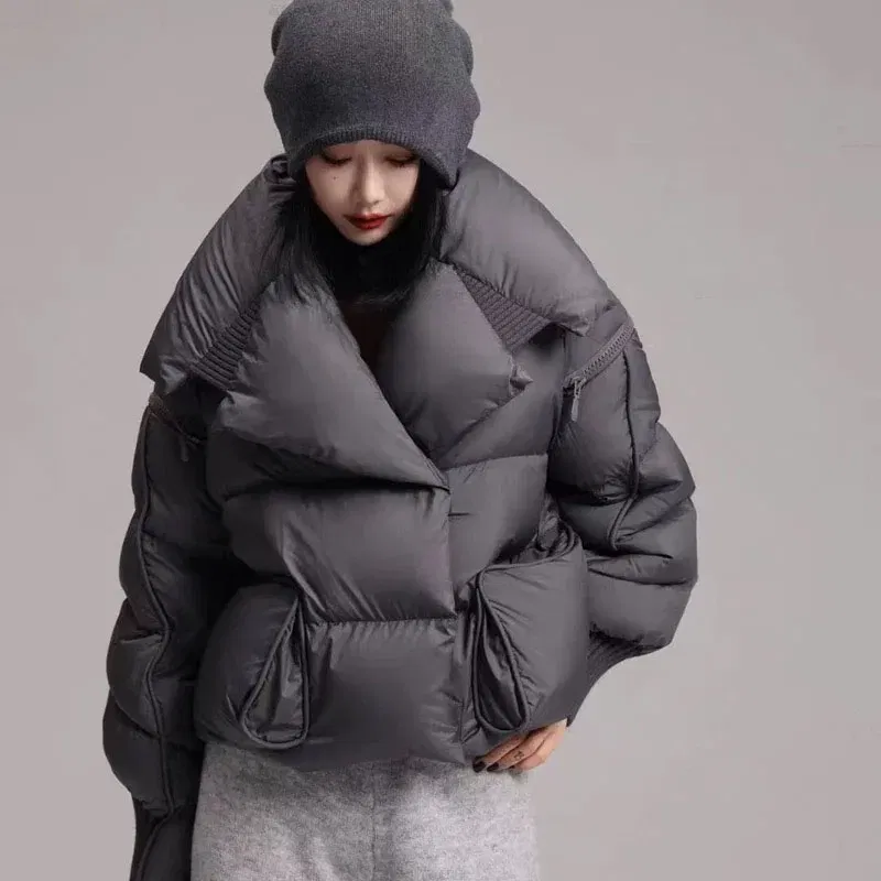 Color: SKY BLUE, Size: S - Overcoat 2025 New Fashion Women Down Jacket Winter White Duck Down High Quality Knitted Patchwork Lapel Women Down Jacket H132