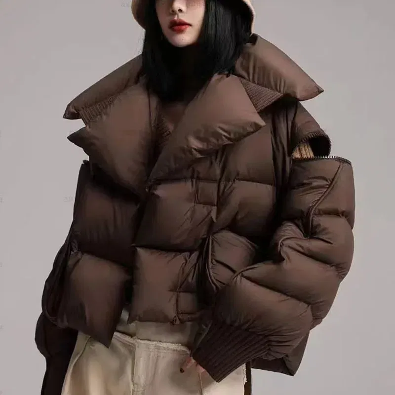 Color: SKY BLUE, Size: S - Overcoat 2025 New Fashion Women Down Jacket Winter White Duck Down High Quality Knitted Patchwork Lapel Women Down Jacket H132