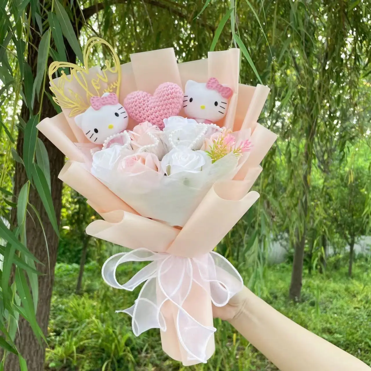 Color: Fluorescent Green - Kawaii Hello Kitty Cat Dolls With Artificial Flowers Creative Bouquet Christmas Valentine Birthday Graduation Gifts