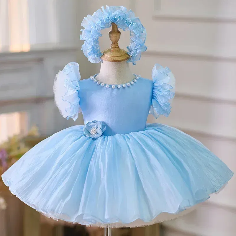 Kid Size: 9, Color: Brown - 2025 Summer Baby Girls 1st Birthday Party Dress Toddler Kids Bow Fluffy Tutu Gown Flower Girls Blue Dresses For Wedding Ceremony