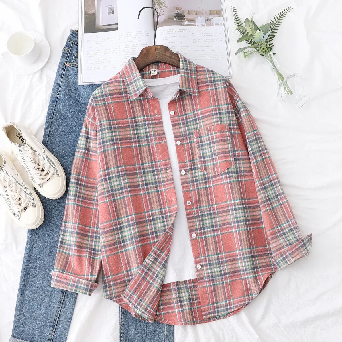 Color: Chocolate, Size: M - Fresh Flannel Plaid Shirt Women 2025 New Female Blouses and Tops Cotton Loose Long Sleeve Casual Shirts Fine Women's Clothes