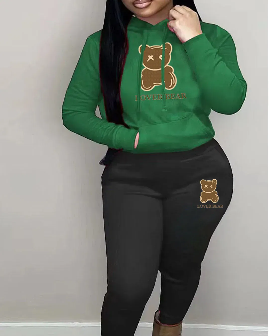 Color: Ivory, Size: XL - 2 Piece Set Women Outfit Letter Bear Print Hooded Neck Hoodies Sweatshirt Pants Tracksuit 2024 Plus Size Streetwear Casual Suit