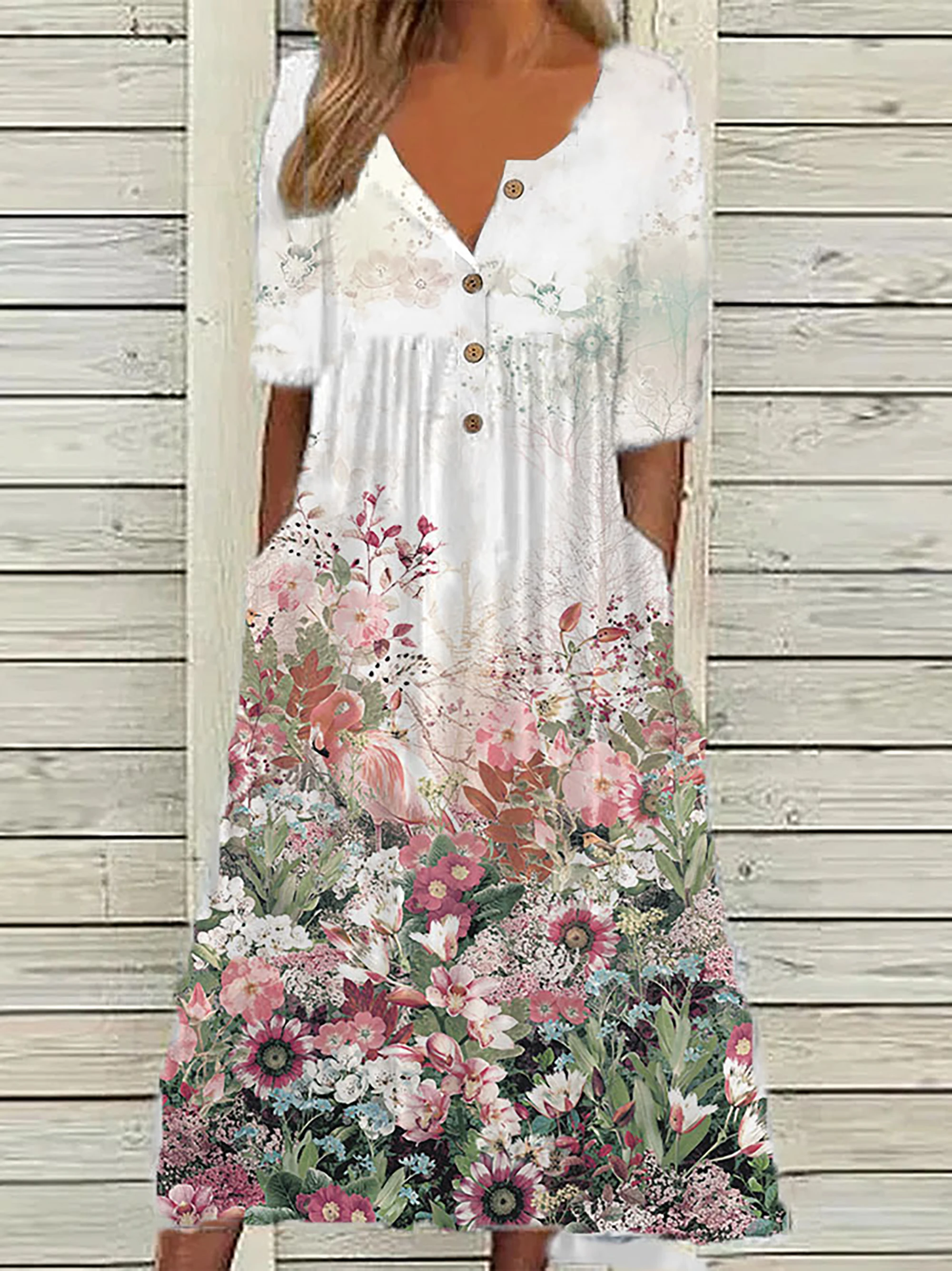 Color: Blue, Size: 1XL - 2024 Europe and the United States spring new fashion printed V-neck button short sleeve plus size women's size women's pocket