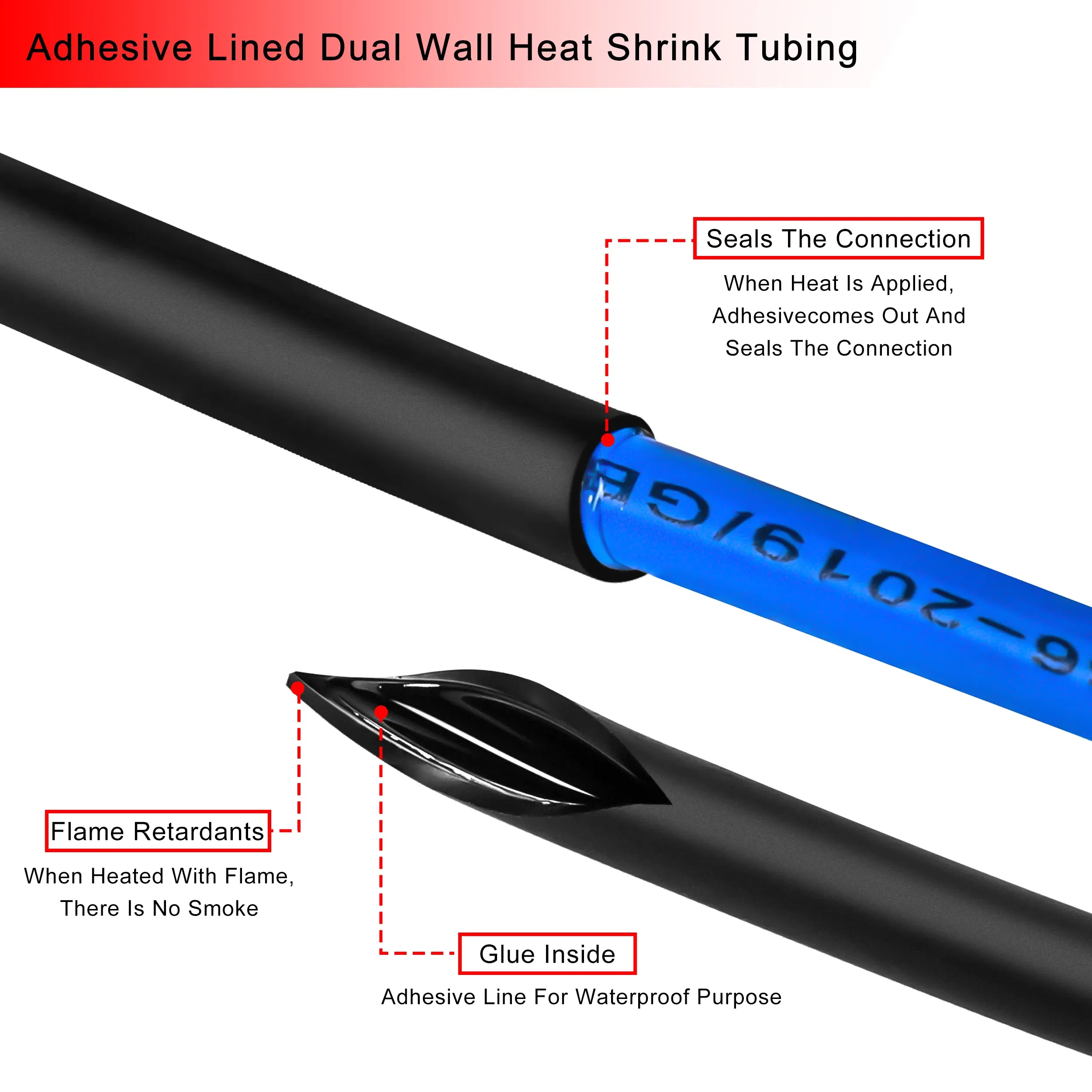 Length: 1m, Inside Diameter: 2mm - 1M 3:1 Heat Shrink Tube Thicken With Glue Dual Wall Tubing Diameter 1.6/2.4/3.2/4.8/6.4/7.9/9.5/12.7mm