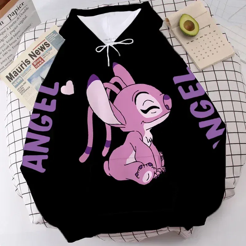 Color: GRAY, Size: XL - Disney Hoodie Fashion Stitch Angel Monster Letter Cartoon Sweatshirt Pullover Cute Harajuku Unisex Women's Pocket Top