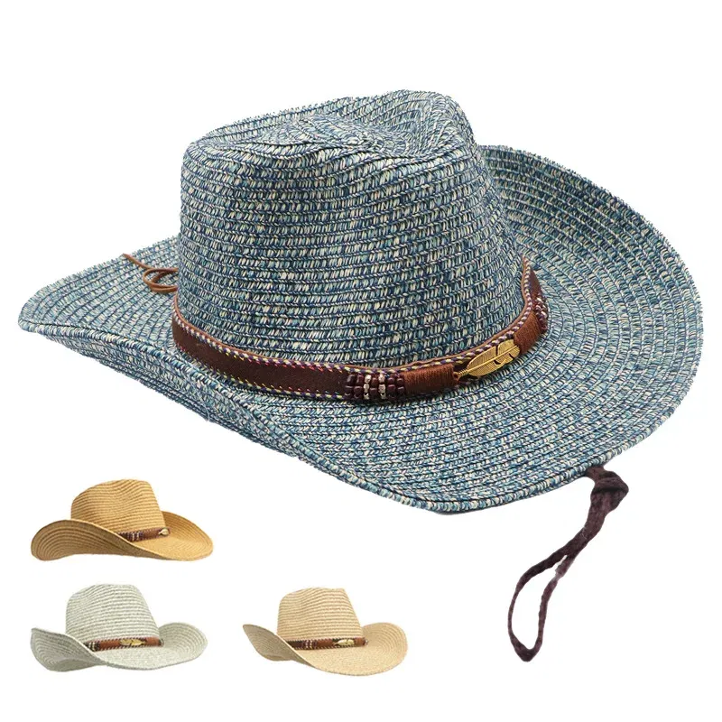 Color: Blue, Size: One Size, Ships From: CHINA - Summer Western Cowboy Top Hat Retro Style Sunshade Cowboy Straw Hat