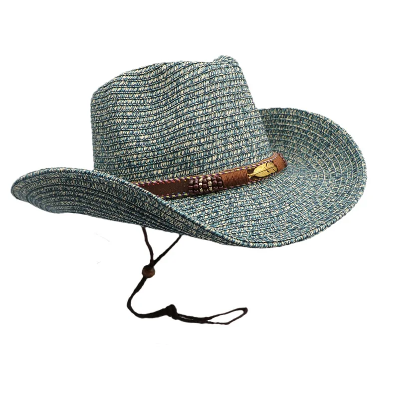 Color: Blue, Size: One Size, Ships From: CHINA - Summer Western Cowboy Top Hat Retro Style Sunshade Cowboy Straw Hat